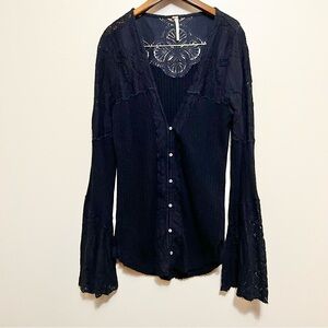 Free People Navy Button Down Shirt with Lace Details